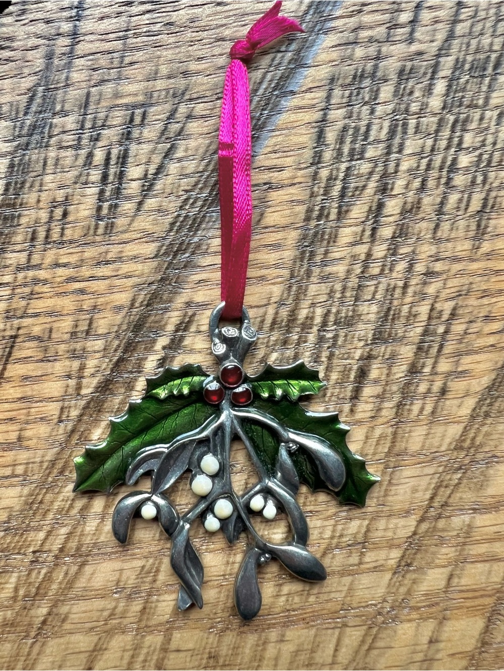 Pewter Holiday Mistletoe Pendant - Green and Red